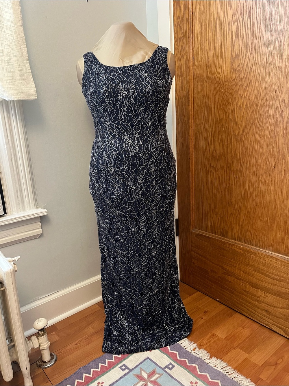 Sleeveless Navy Maxi Dress with White Floral Lace Overlay